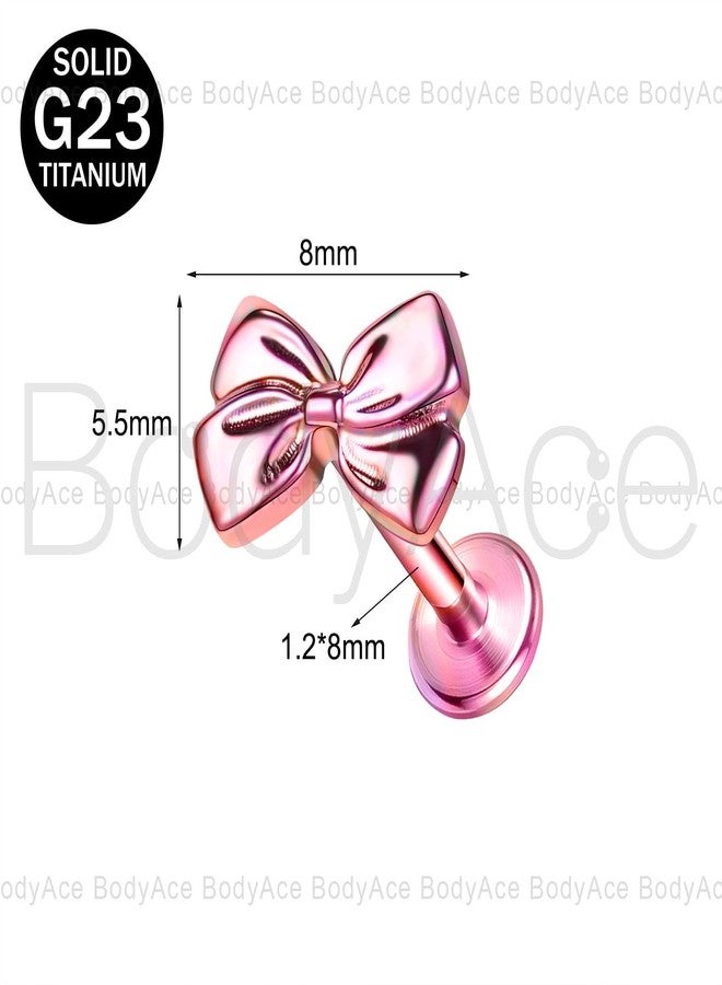 BodyAce F136 Titanium Body Piercing Studs, 16G Flat Back Cartilage Earring Studs with Piercing Taper, Internally Threaded Labret Lip Ring Conch Tragus Stud (Pink Bow) - Image 2